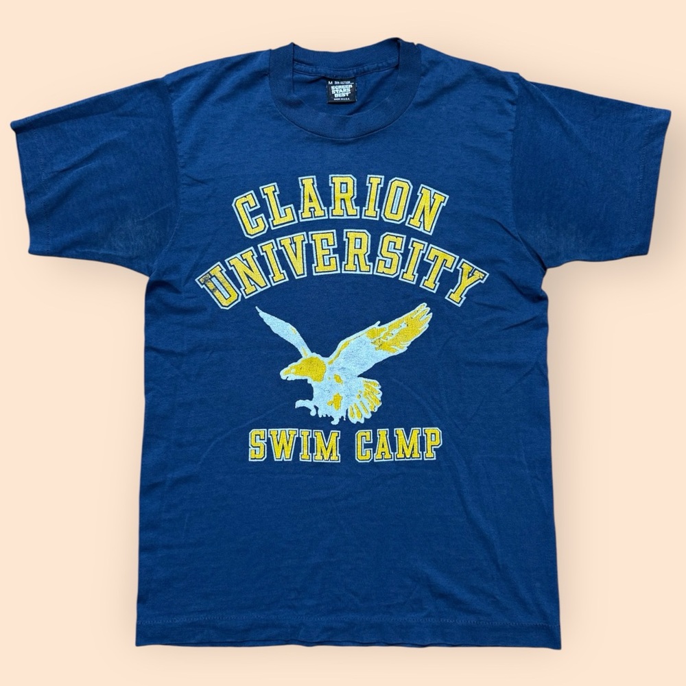 Vintage 1980s Clarion University Swim Camp T Shirt Medium Blue 80s Vtg